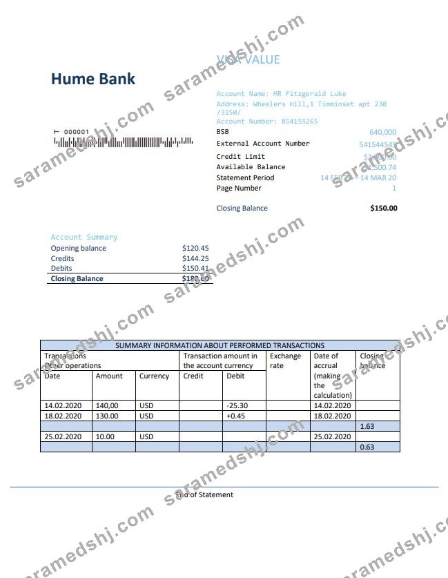 Australia Humebank proof of address statement template in .doc and .pdf format, fully editable